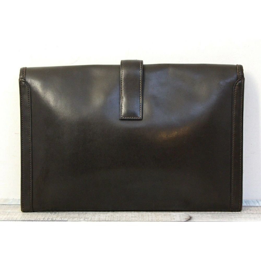 AUTHENTIC HERMÈS JIGE FRANCE BROWN GENUINE LEATHER H LOGO FRONT CLUTCH HANDBAG - Picture 2 of 11